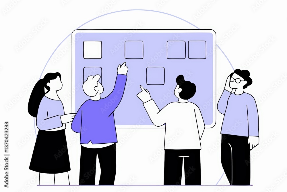 Poster a group of four people collaboratively discussing ideas in front of a large board displaying blank s
