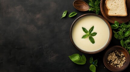 This image showcases a delicious creamy soup garnished with fresh basil leaves, surrounded by slices of bread and herbs for a comforting culinary experience.