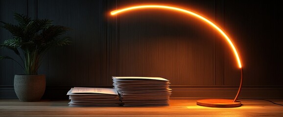Orange-lit arch lamp with stack of books