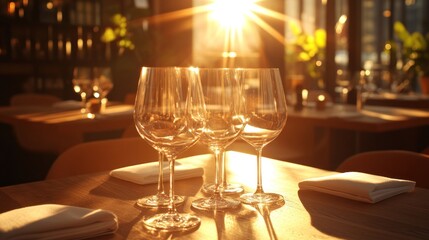 Empty wine glasses on a table at sunset