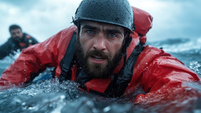 A man in a red rescue suit battles the turbulent ocean waves, displaying determination and bravery in a critical rescue operation during challenging weather conditions.