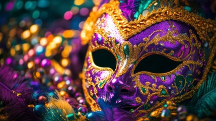 Intricate Mardi Gras Mask with Feathers and Beads for Celebration