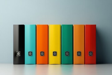 Colorful binders against wall: A row of vibrant binders, each in a different color, stands neatly against a soft background, creating a visually appealing display of organization.
