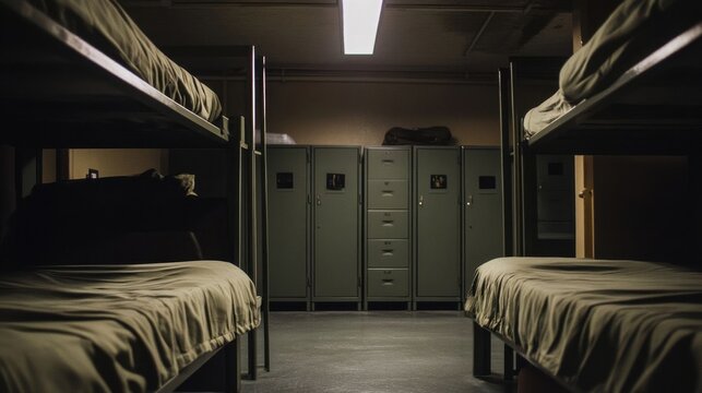 Empty military barracks room.