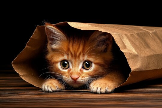 A playful orange kitten hiding inside a paper bag, its eyes peeking out mischievously