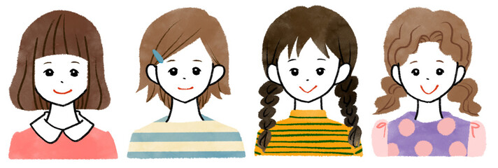 小学生くらいの女の子の正面向きバストアップのイラストのセット