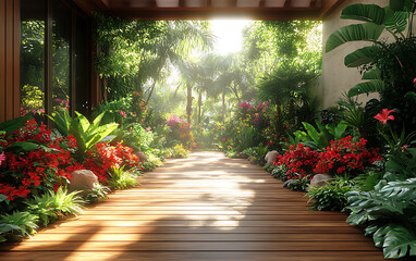 Rustic Wooden Deck in a Lush Tropical Garden  
