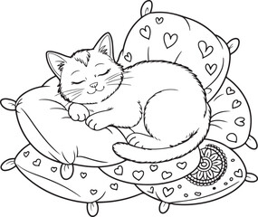 A sweet cat sleeping on a pile of pillows