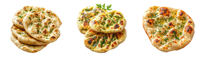 Freshly baked garlic naan bread garnished with herbs, arranged in stacks and single servings