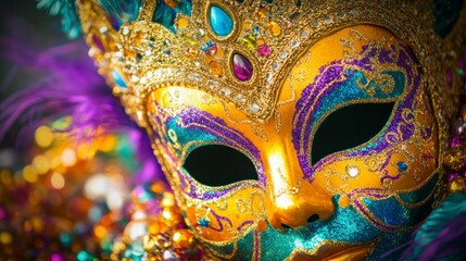 Ornate Mardi Gras Mask with Jewels and Feathers Closeup