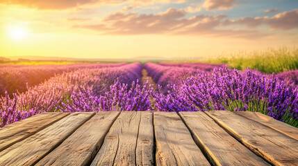 Empty wooden surface in lavender field at sunset