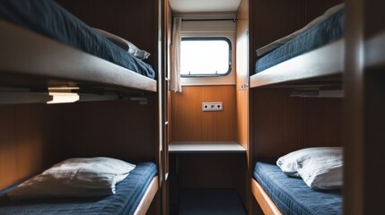 Cozy train compartment with bunk beds.
