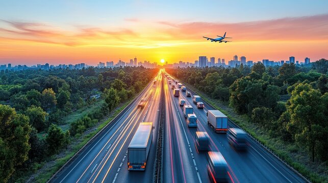 Highway traffic at sunset with plane overhead