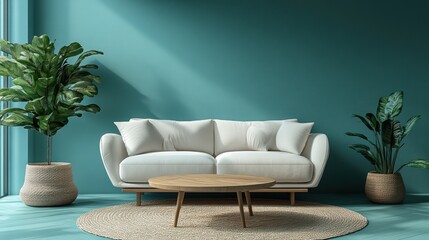 Teal living room with white sofa and plants