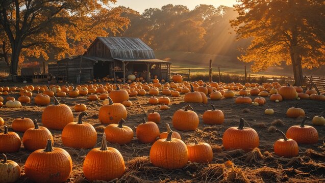  Vast pumpkin patch with pumpkins of all sizes, autumn countryside scene, golden sunlight casting warm tones, rustic farm setting with trees in the background