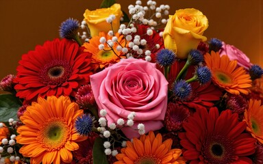 Fototapeta premium Delicate and refined collection of flowers featuring pink Gerbera daisies, white roses, and pale yellow Damask roses - a heartwarming gift for a special occasion