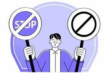 A person holds two signs, one reading "STOP" and the other symbolizing prohibition, expressing a sense of confusion or indecision.