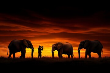 Fototapeta premium A safari adventure in Kenya, with a traveler taking photos of elephants roaming the savannah at sunset