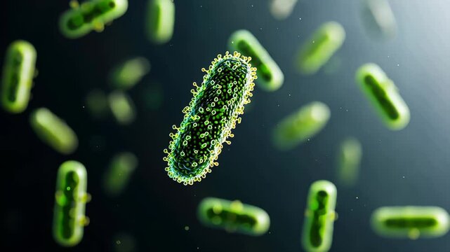 Bacteria exposure concept. A detailed digital representation of bacteria, showcasing a vibrant green cylindrical form surrounded by floating similar structures.