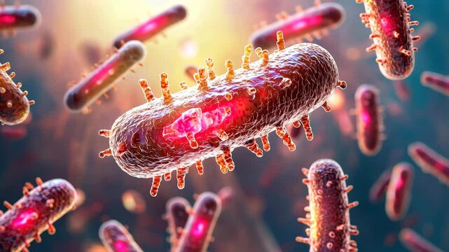 Bacteria exposure concept. A highly detailed, computer-generated image of bacteria with visible structures, set against a luminous background.