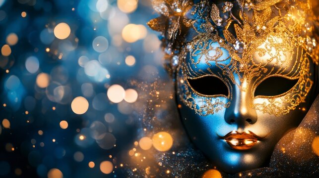 Ornate Carnival Mask with Golden Details and Bokeh Background for Celebration