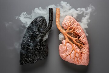 Human Lungs Comparison, One Healthy and Vibrant, the Other Blackened and Decayed with Tar, Smoke Forming Skull Pattern, Respiratory Damage, Effects of Smoking, Lung Health, Toxic Exposure