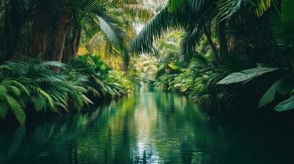Lush tropical river winding through dense jungle foliage with verdant reflections