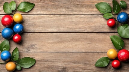 Festive Christmas Ornaments on Rustic Wooden Background