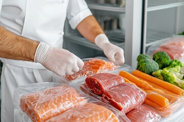 Professional Kitchen Storage with Fresh Fish, Meat Portions, and Colorful Vegetables in Cold Storage, Chef Organizing Ingredients, High-Resolution Commercial Kitchen Setup