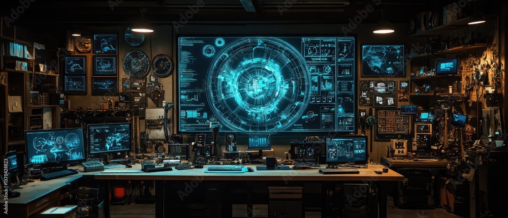 Poster futuristic tech space with screens and gadgets. digital displays and tech elements are well-placed