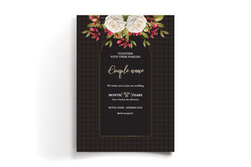 WEDDING INVITATION FRAME WITH FLOWER DECORATIONS AND FRESH LEAVES