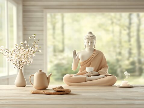 Serene Buddha Tea Ceremony for Wooden Room. - Powered by Adobe
