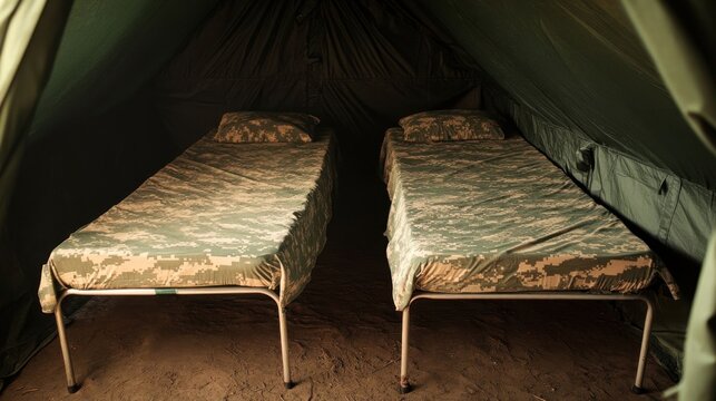 Two cots in a military field tent.
