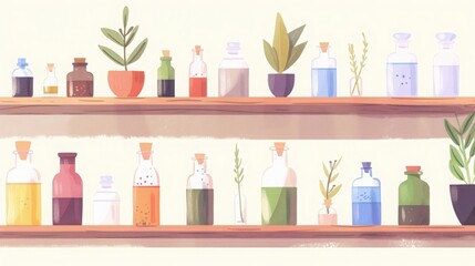 Herbal Remedies Shelf, Illustration of shelves with various herbs and bottles.