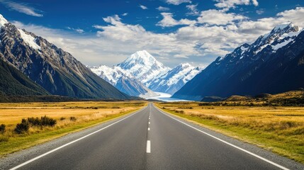 Naklejka premium A scenic drive through a valley with snow-capped mountains rising on both sides.