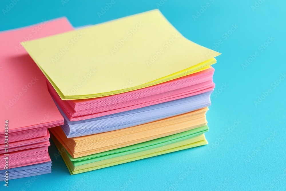 Poster a vibrant stack of colorful sticky notes arranged neatly on a blue background, perfect for organizin