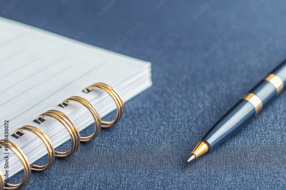 Poster a close-up of a spiral notebook and a pen on a textured blue surface, emphasizing a neat and organiz