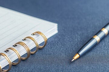 A close-up of a spiral notebook and a pen on a textured blue surface, emphasizing a neat and organized workspace.