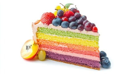 Slice of Rainbow Layered Cake with Fruits