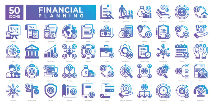 Financial planning icon collection set, including budgeting, investment, analytics, income management, and strategy. Perfect for financial reports, infographics, and business planning .