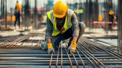Construction Worker Tying Rebar for Concrete Foundation at Building Site