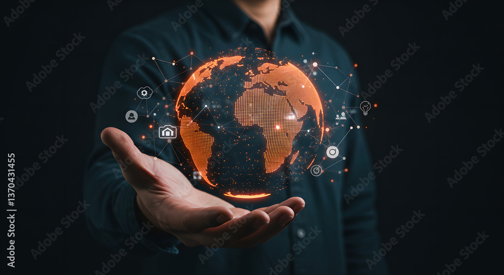 Poster man displaying digital earth hologram projection with glowing interface. network communication conne