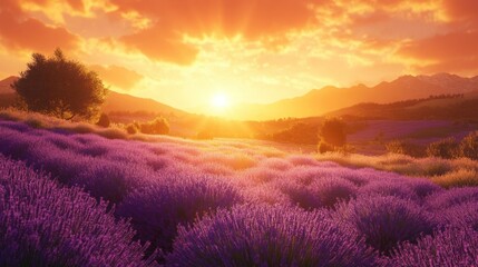 A vibrant field of purple flowers at golden sunset