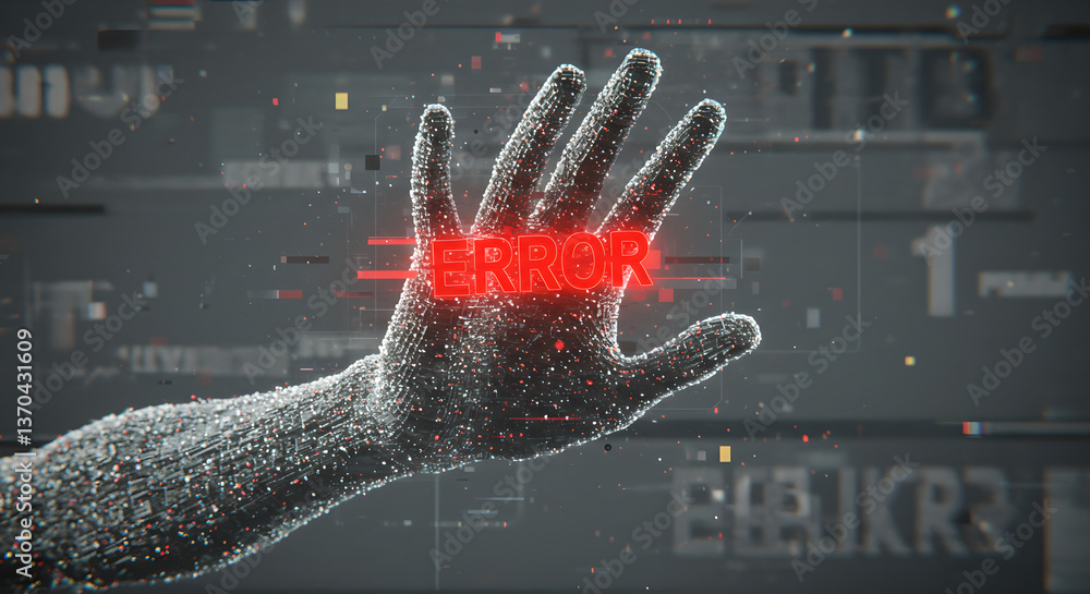 Poster digital hand shows error message, computer failure concept. abstract futuristic technology, data pro