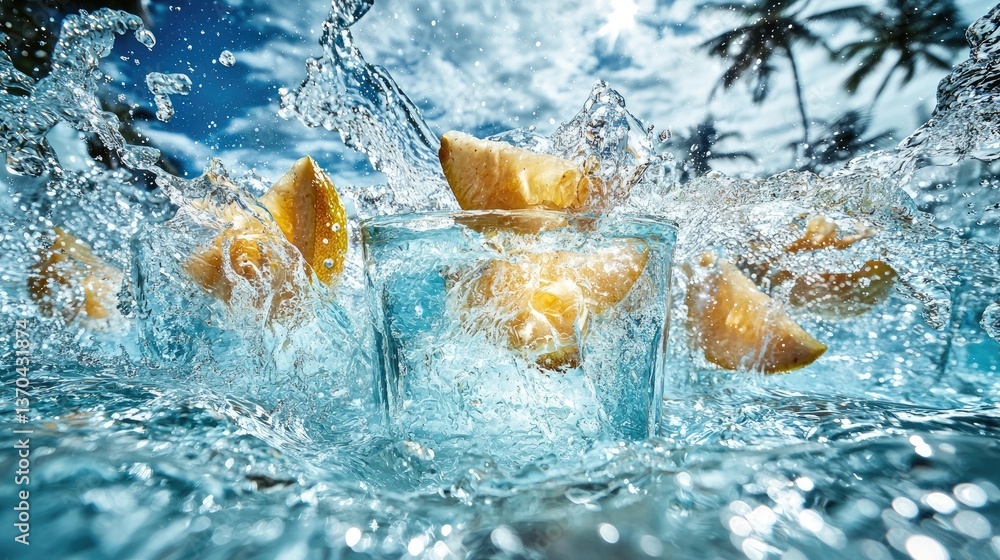 Poster refreshing lemon slices splashing into iced water