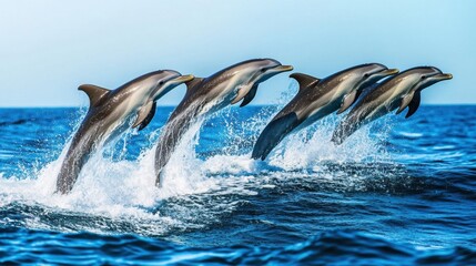 Fototapeta premium Dolphins leaping in ocean waves.