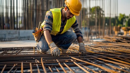 Construction Worker Securing Rebar on Site Wearing Safety Gear Carefully