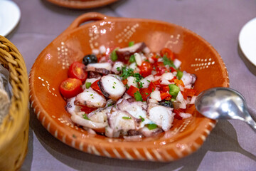 Salada de Polvo, fresh Portuguese octopus salad with tomatoes, onions, and olives served in a decorative clay bowl, highlighting Mediterranean flavors