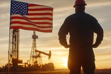 Lone Industrial Worker on Steel Beam at Oil Drilling Site, Saluting American Flag in Desert Wind, Sunset Over Oil Rigs, Safety Gear, Proud Worker, Oil Industry, Energy Production