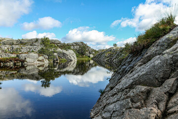 A lake with a tree in the background lake on the road to Prekestolen